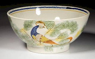 ENGLISH STAFFORDSHIRE POTTERY PEARLWARE PEAFOWL BOWL ON FOOT