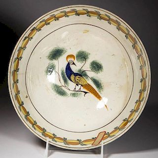 ENGLISH STAFFORDSHIRE POTTERY PEARLWARE PEAFOWL PUNCH BOWL ON FOOT