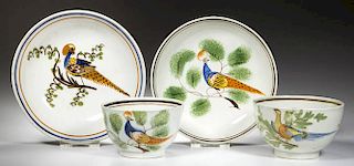 ENGLISH STAFFORDSHIRE POTTERY PEARLWARE PEAFOWL TEA BOWLS AND SAUCERS, LOT OF FOUR