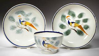 ENGLISH STAFFORDSHIRE POTTERY PEARLWARE PEAFOWL TEAWARE ARTICLES, LOT OF THREE