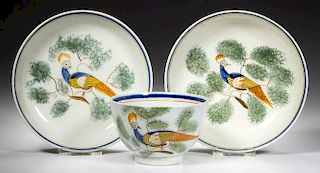 ENGLISH STAFFORDSHIRE POTTERY PEARLWARE PEAFOWL TEAWARE ARTICLES, LOT OF THREE