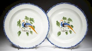 ENGLISH STAFFORDSHIRE POTTERY PEARLWARE PEAFOWL PLATES, LOT OF TWO