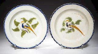 ENGLISH WEDGWOOD POTTERY PEARLWARE PEAFOWL PLATES, LOT OF TWO