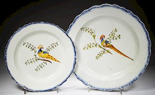 ENGLISH STAFFORDSHIRE POTTERY PEARLWARE PEAFOWL PLATES, LOT OF TWO