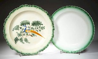 ENGLISH STAFFORDSHIRE POTTERY PEARLWARE PEAFOWL DISHES, LOT OF TWO