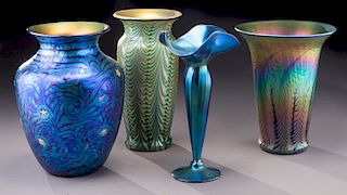 (4) Monumental Lundberg iridescent glass vases,