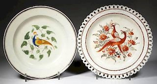 BRITISH POTTERY PEARLWARE PEAFOWL PLATES, LOT OF TWO