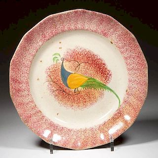 ENGLISH STAFFORDSHIRE POTTERY IRONSTONE RED SPATTER PEAFOWL PLATE
