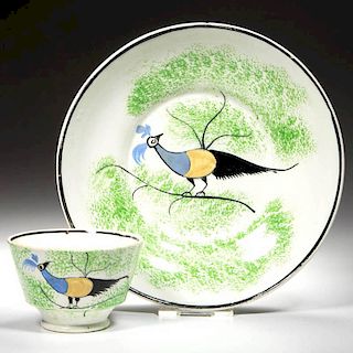 ENGLISH STAFFORDSHIRE POTTERY PEARLWARE SPATTERWARE PEAFOWL ARTICLES, LOT OF TWO