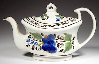 ENGLISH STAFFORDSHIRE POTTERY PEARLWARE FLORAL TEAPOT AND COVER