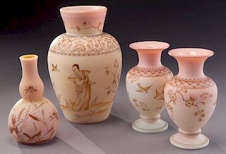 (4) Webb fire glow glass vases,