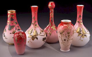 (6) European peach blow glass vases,