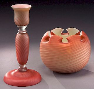(2) Pink Pompeiian swirl glass items,