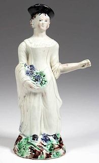 ENGLISH STAFFORDSHIRE POTTERY PEARLWARE FIGURE OF A FLOWER SELLER