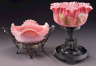 (2) Pink satin glass bride's baskets,