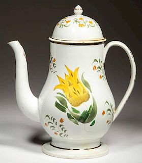 ENGLISH STAFFORDSHIRE POTTERY PEARLWARE COFFEE POT AND COVER, PRATTWARE HUES