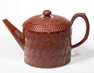 ENGLISH STAFFORDSHIRE POTTERY ENGINE-TURNED REDWARE TEAPOT AND COVER