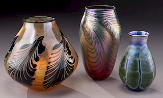(3) Signed Charles Lotton glass vases,