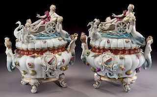Pr. Meissen style figural porcelain tureens,