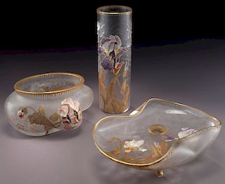 (3) Mount Joye enameled glass vases,