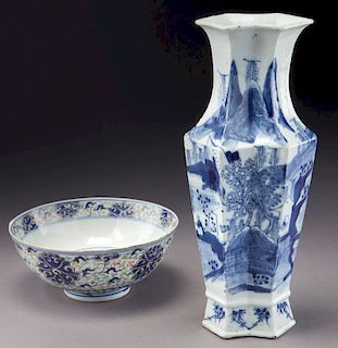 Chinese blue and white bowl and vase.