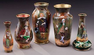 (5) French enamel on copper vases,