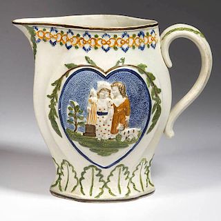 ENGLISH STAFFORDSHIRE POTTERY PEARLWARE PRATTWARE MOLDED PITCHER