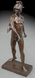 19th C. French patinated bronze figure of warrior.