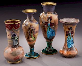 (4) French enamel on copper vases