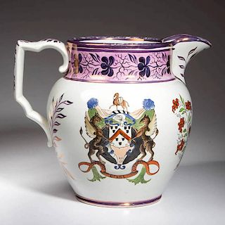 ENGLISH STAFFORDSHIRE POTTERY PEARLWARE PINK LUSTERWARE COMMEMORATIVE MARRIAGE PITCHER