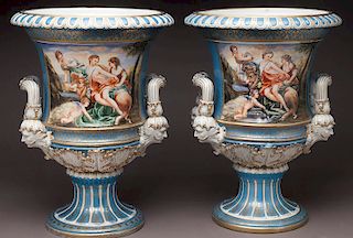 Pr. Large Sevres-style porcelain campana urns,