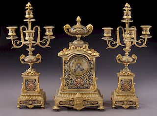 (3) Pc. Tiffany & Co. gilt bronze & enameled clock