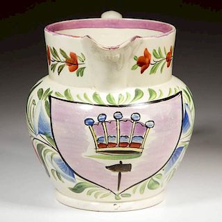 ENGLISH STAFFORDSHIRE POTTERY PEARLWARE PINK LUSTERWARE PSEUDO-ARMORIAL PITCHER