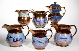 ENGLISH STAFFORDSHIRE POTTERY COPPER LUSTER PITCHERS, LOT OF SIX