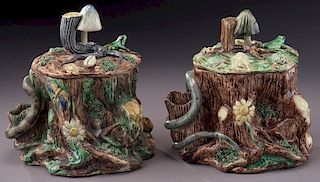 (2) Palissy tobacco jars with very similar