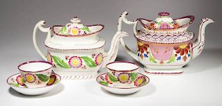 ENGLISH STAFFORDSHIRE PORCELAIN PINK LUSTERWARE TEAWARE ARTICLES, LOT OF SIX
