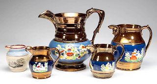 ENGLISH STAFFORDSHIRE POTTERY COPPER LUSTERWARE PITCHERS, LOT OF FIVE