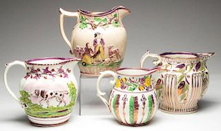 ENGLISH STAFFORDSHIRE POTTERY PINK LUSTERWARE PITCHERS, LOT OF FOUR