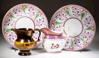 ENGLISH STAFFORDSHIRE PORCELAIN AND POTTERY LUSTERWARE TABLE ARTICLES, LOT OF FOUR