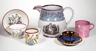 ENGLISH STAFFORDSHIRE PORCELAIN AND POTTERY LUSTERWARE ARTICLES, LOT OF SEVEN
