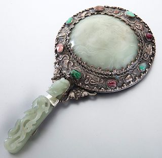 Chinese Qing silver mounted jade hand mirror,