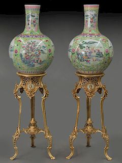 Pr. Chinese polychrome porcelain gooseneck vases