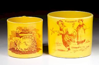 ENGLISH STAFFORDSHIRE OR YORKSHIRE POTTERY CANARY YELLOW-GLAZED CHILD'S MUGS, LOT OF TWO