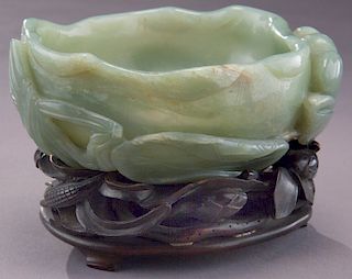 Chinese Qing carved celadon jade brush washer,