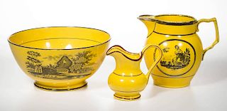 ENGLISH STAFFORDSHIRE POTTERY PEARLWARE CANARY YELLOW TABLEWARES, LOT OF THREE