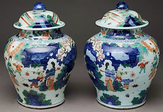 Pr. Chinese polychrome porcelain lidded jars,