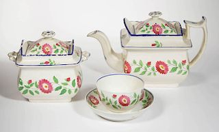 ENGLISH STAFFORDSHIRE POTTERY PEARLWARE TEAWARES, SET OF FOUR ITEMS