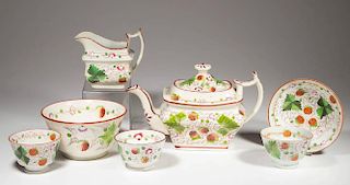 ENGLISH ENOCH WOOD POTTERY PEARLWARE "STRAWBERRY" PATTERN ARTICLES, LOT OF SEVEN