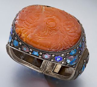 Chinese Qing carved amber inlaid enamel over