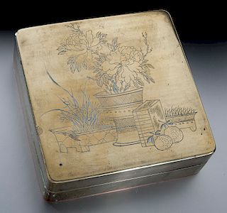 Chinese Qing carved brass ink box,